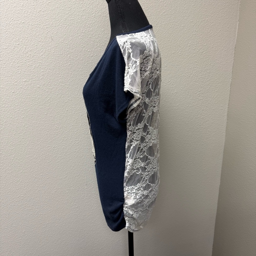 May Blue Navy Owl Graphic Lace Back Boho Top Short Sleeve Casual Tee Shirt - Picture 4 of 9